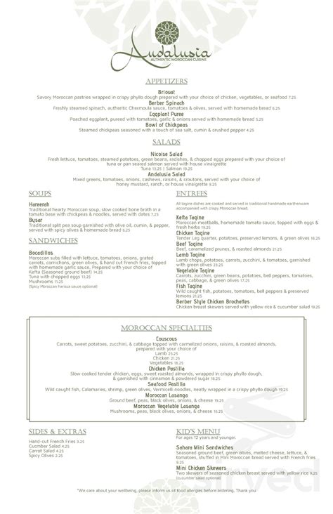 Andalusia menu in Memphis, Tennessee, USA