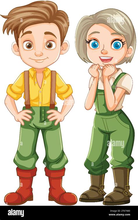 An Adorable Young Farmer Couple Depicted In A Charming Vector Cartoon