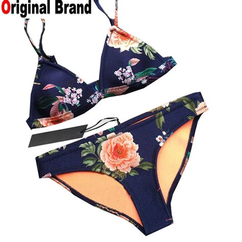 2017 Sexy Floral Print PUSH UP Women 100 Real Neoprene Bikini Set