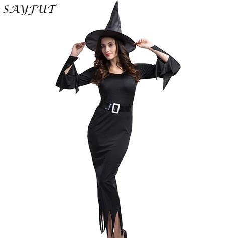 Sayfut Sexy Black Witch Costume Dress With Hat And Belt For Halloween Cosplay Party One Set