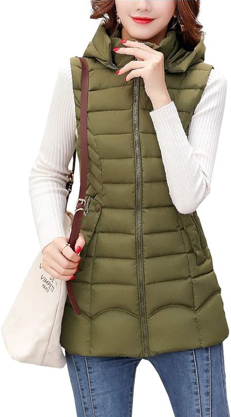 Duyang Womens Mid Long Down Vest Sleeveless Hooded Quilted Puffer Vest