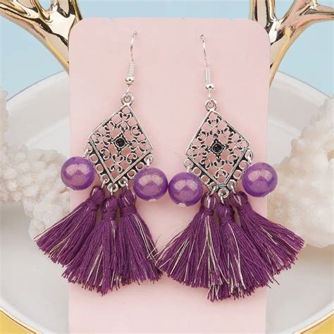 8seasons New Fashion Women Boho Chic Drop Earrings Purple Tassel Stones