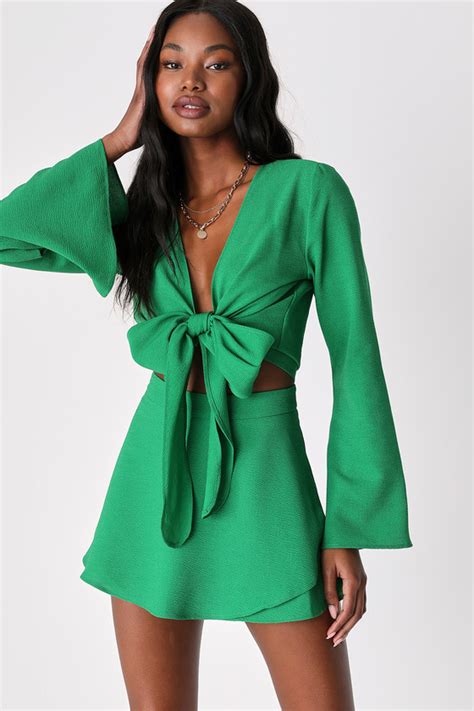 Green Tie Front Top Crop Top Long Sleeve Top Womens Tops Lulus