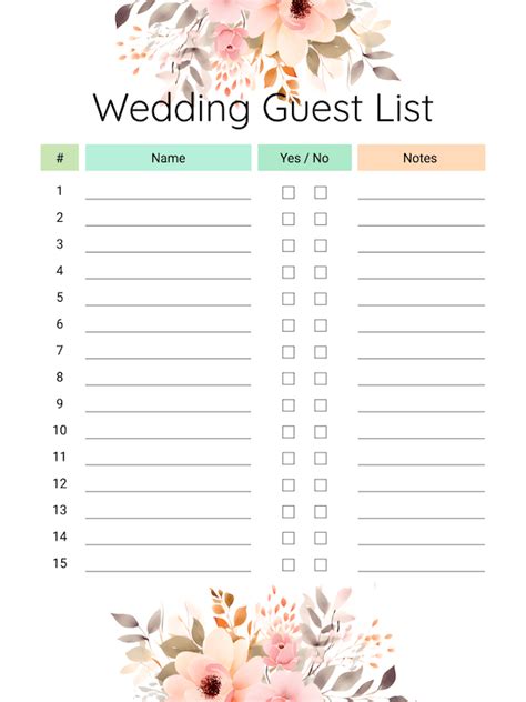 Free Printable Floral Wedding Guest List Template · Inkpx