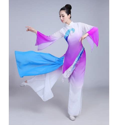 Violet Gradient Colored Traditional Chinese Dance Costumes Women Folk