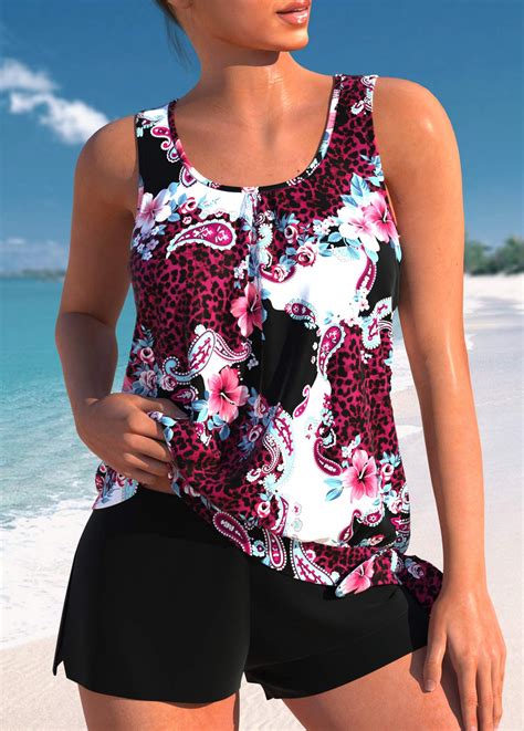 Bowknot Mid Waisted Floral Print Black Tankini Set Usd