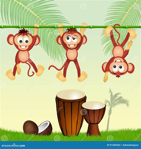 Monkeys And Drums Stock Illustration Illustration Of Bamboo 91384266