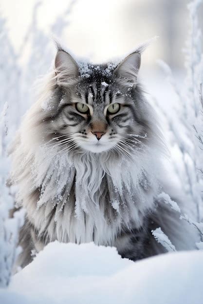 Premium AI Image | A fluffy Maine Coon Cat in the snow