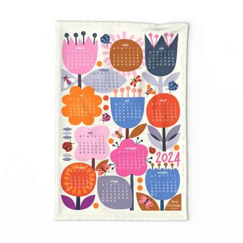 Tea Towel Calendar 2024 Retro Flowers Fabric Spoonflower