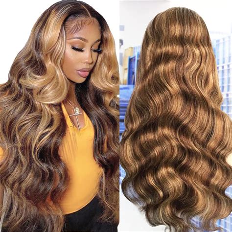 13x6 Free Part Highlight Wig Human Hair 24inch Ombre Highlight Colored Wig Human