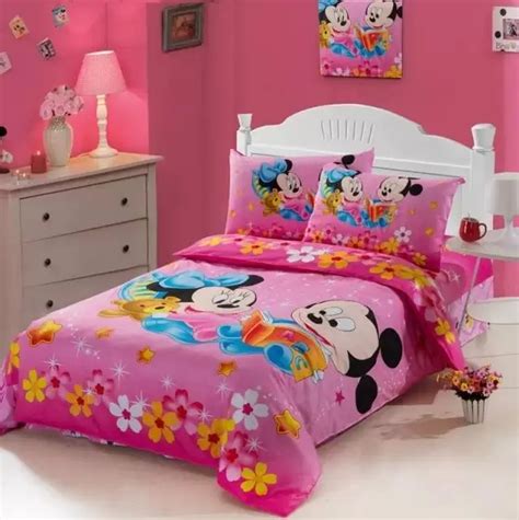 Deep Pink Mickey Minnie Mouse Print Bedding Set Single Twin Size