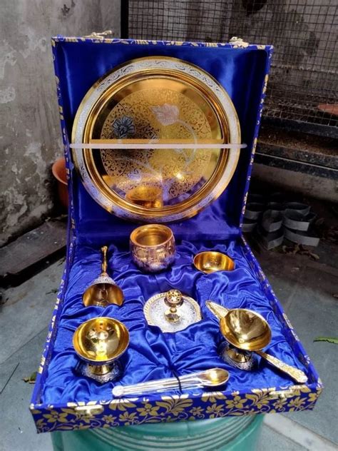 Brass Traditional German Silver Pooja Thali Set Silver Gold Pooja