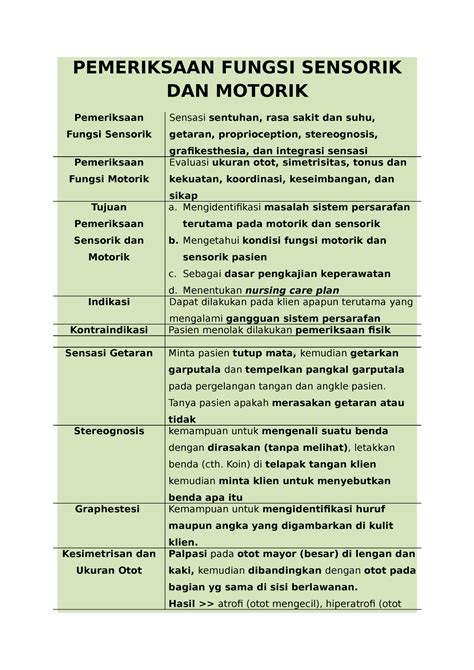 Pemeriksaan Sistem Sensorik Dan Motorik Pemeriksaan Fungsi Sensorik