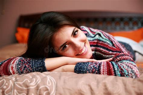 Cheerful Attractive Woman Lying On The Bed Stock Image Image Of