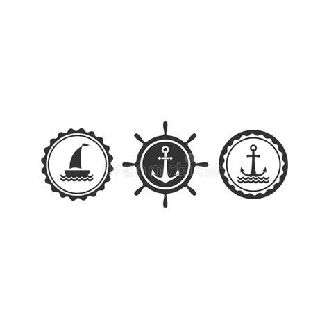 Nautical Labels Set Helm And Anchor Isolated On White Ship And Boat