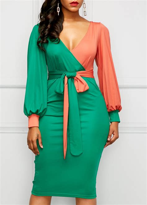 V Neck Belted Color Block Sheath Dress Usd 3264