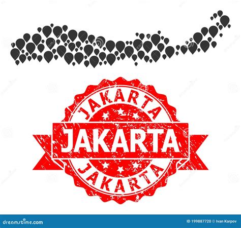 Sello Grunge Jakarta Sellado Y Mapa De Mosaico De Marcadores De La Isla