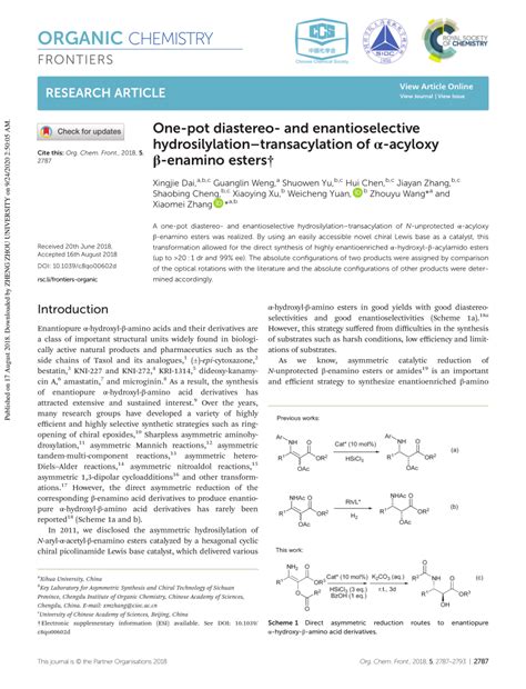 Pdf One Pot Diastereo And Enantioselective Hydrosilylation