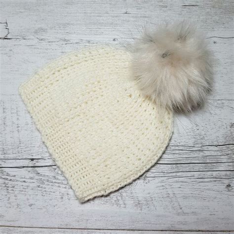 Hand Knitted Beanie With Faux Fur Pompom Amy Myers Crochet Hats