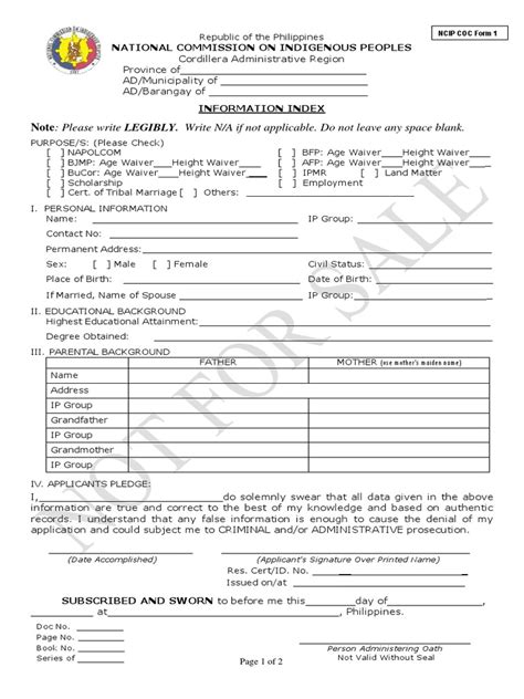 National Commission On Indigenous Peoples Ncip Coc Form 1 Pdf