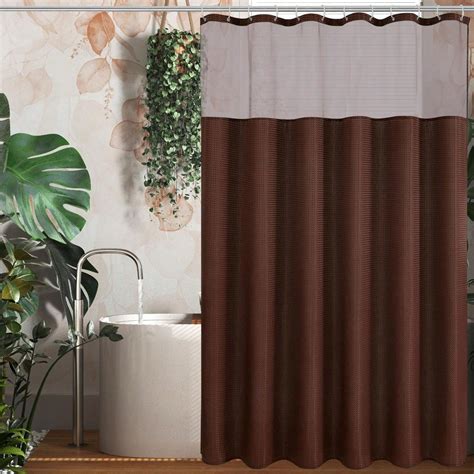 Waffle Weave Fabric Shower Curtain With Mesh Top Window And Hooks Set