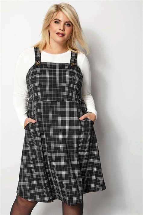 Grey Checked Button Pinafore Dress Plus Size 16 To 36