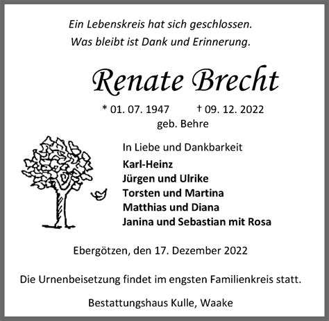 Traueranzeigen Von Renate Brecht Trauer Anzeigen De