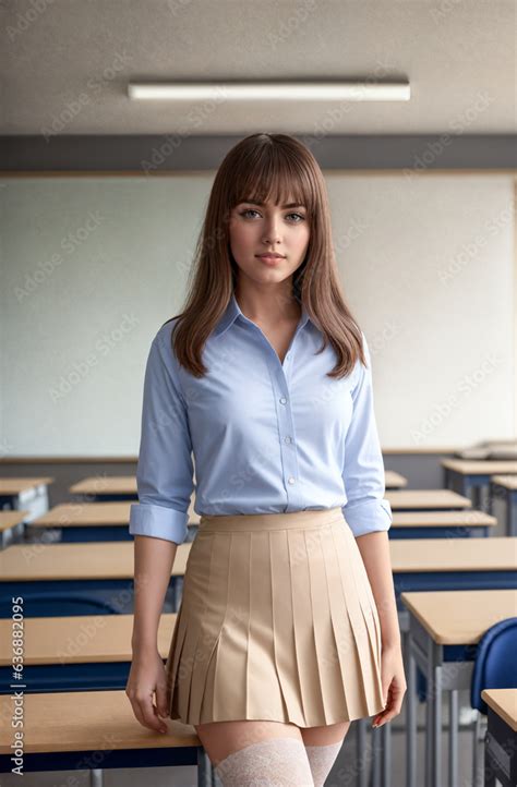 Portrait Of Young Beautiful Sexy Teacher In Classroomshort Skirt Shirtuniformlong Hair