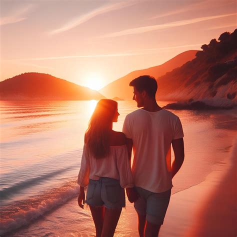 Premium Photo Couple Taking A Romantic Sunset Stroll