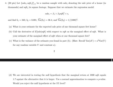 Solved 4 20 Pts Let {sale Sqft }} 1 Be A Random Sample