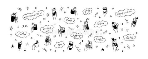 Winter Hot Drinks Cute Line Doodle Alcohol And Soft Named Beverages Merry Christmas And Happy