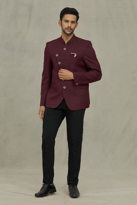 Buy Maroon Terry Rayon Plain Full Sleeve Bandhgala For Men By Aryavir