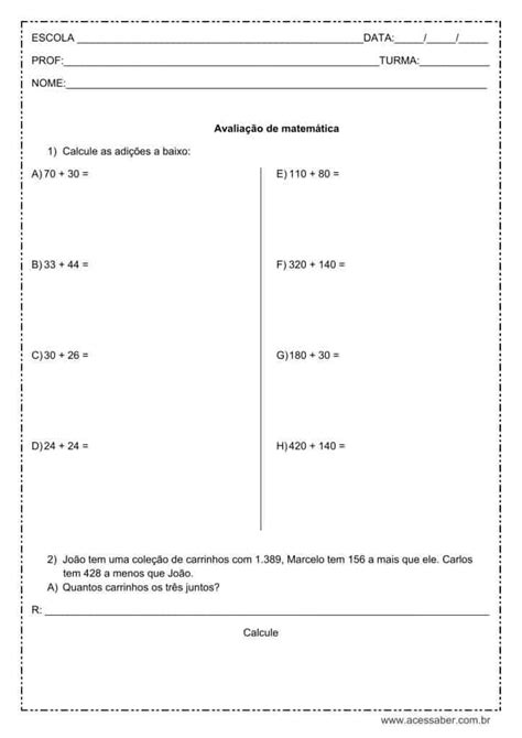 Atividade De Matemática De Subtração Para O 4º E 5º Ano Com Gabarito