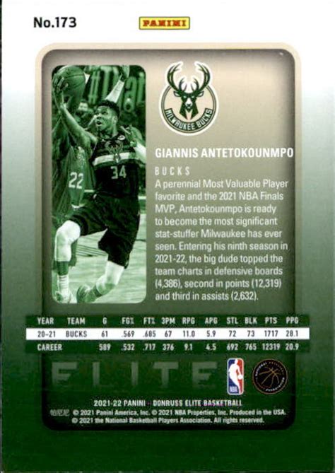 Giannis Antetokounmpo 2021 22 Panini Donruss Elite Card 173 Ebay