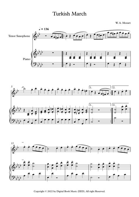 Turkish March Wolfgang Amadeus Mozart Tenor Sax Piano Arr Digital Book Music By