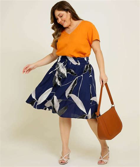 Saia Plus Size Midi Feminina Estampa Folhas Marisa