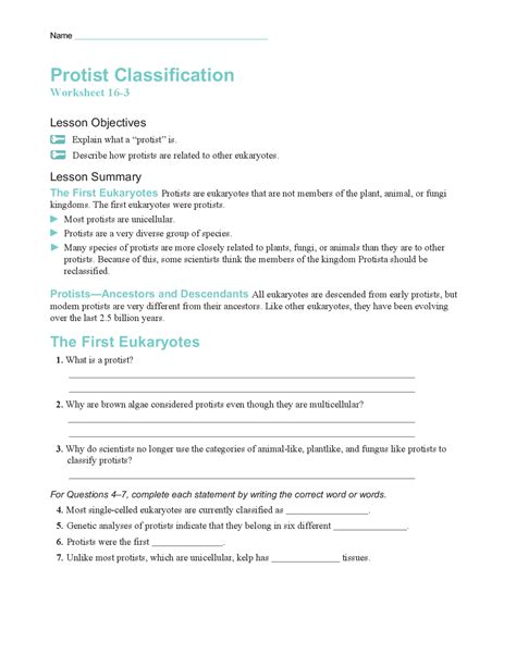 Protist Classification Worksheet Exercises Biology Docsity