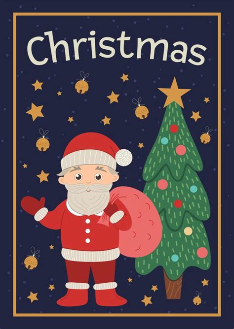 Vector Christmas card with cute Santa Claus, fir tree. Funny Christmas ...