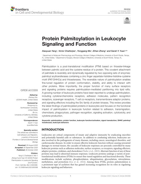 Pdf Protein Palmitoylation In Leukocyte Signaling And Function