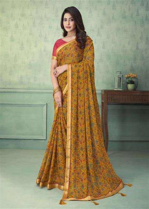 Digital Printed Georgette Saree In Mustard Roop Kashish