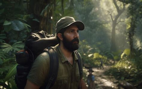 Um Homem Uma Mochila Caminha Pela Selva Viajante Da Floresta