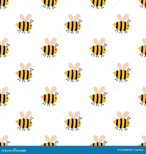 Vector Cute Cartoon Bee Seamless Pattern Funny Bumblebees Background