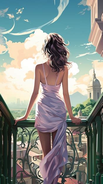 Una chica en bikini se sienta en su balcón al estilo de los diseños de personajes audaces de