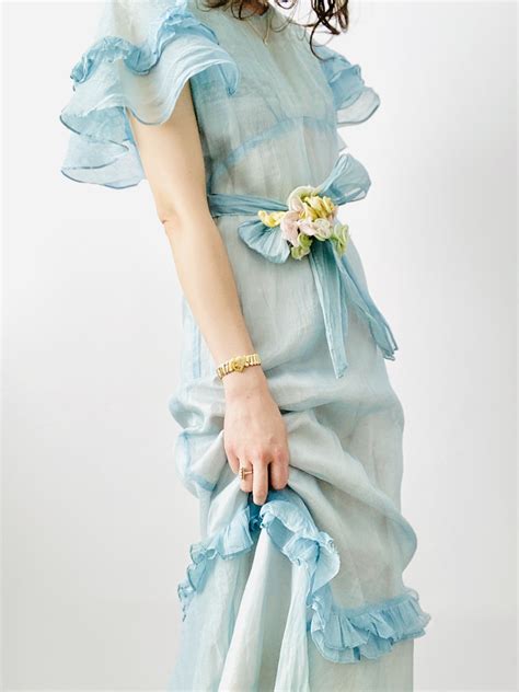 Vintage 1930s Pastel Blue Organza Ruffled Dress Organza Dress