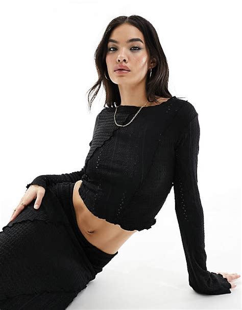 Miss Selfridge Mix Texture Long Sleeve Top Co Ord In Black Asos