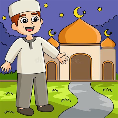 Ramadan Muslim Boy In Front Of Mosque Colored Stock Vector