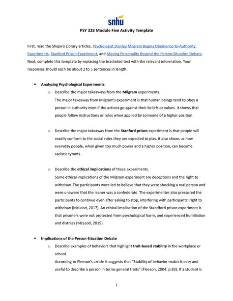 PSY 328 Module Five Activity Template Answered PSY 328 Module Five