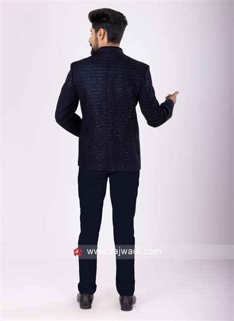 Velvet Jodhpuri Suit In Navy Blue Color