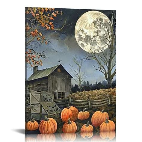 Qfmy Spooky Harvest Moon By Billy Jacobs Bats Ghosts Wagon Jack O