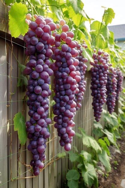 Un Racimo De Uvas Moradas Colgando De Una Valla Foto Premium